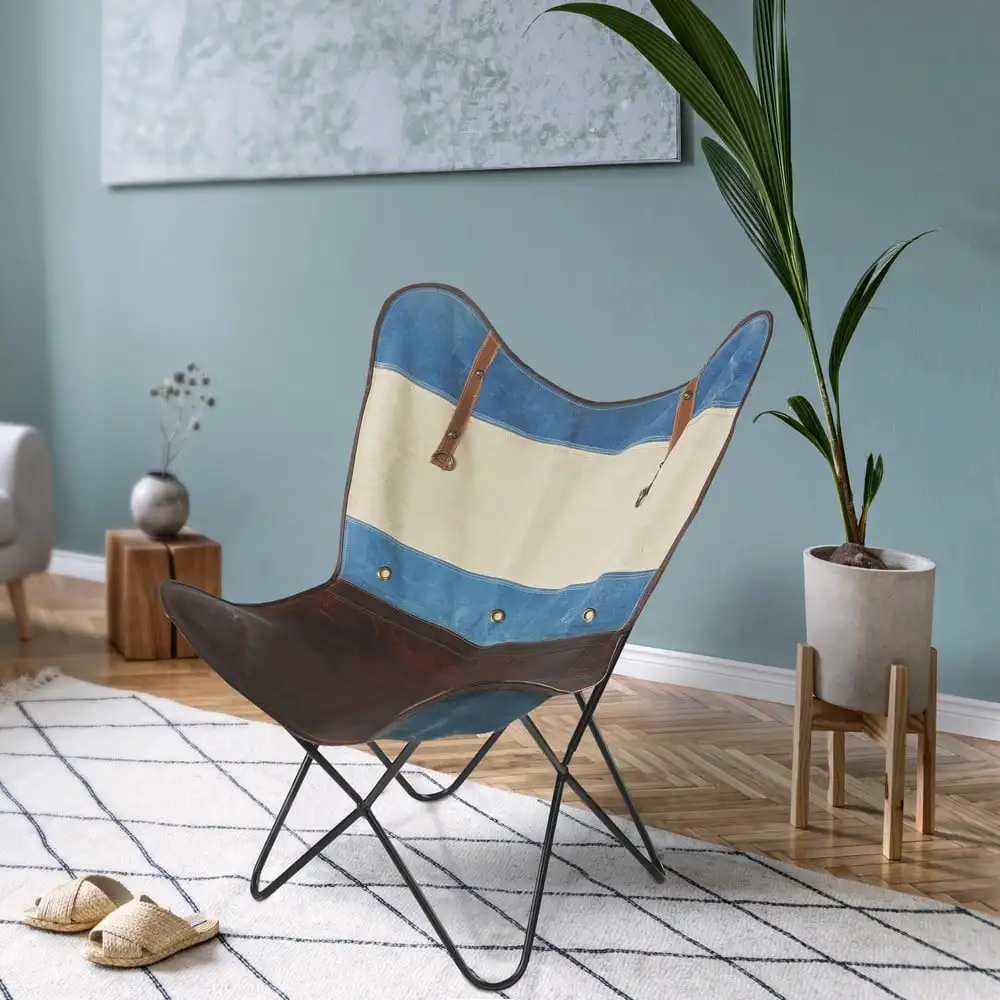 

LR Home Striped Canvas and Leather Butterfly Chair, 37" L x 27" W x 16" D, Blue / Ivory / Brown