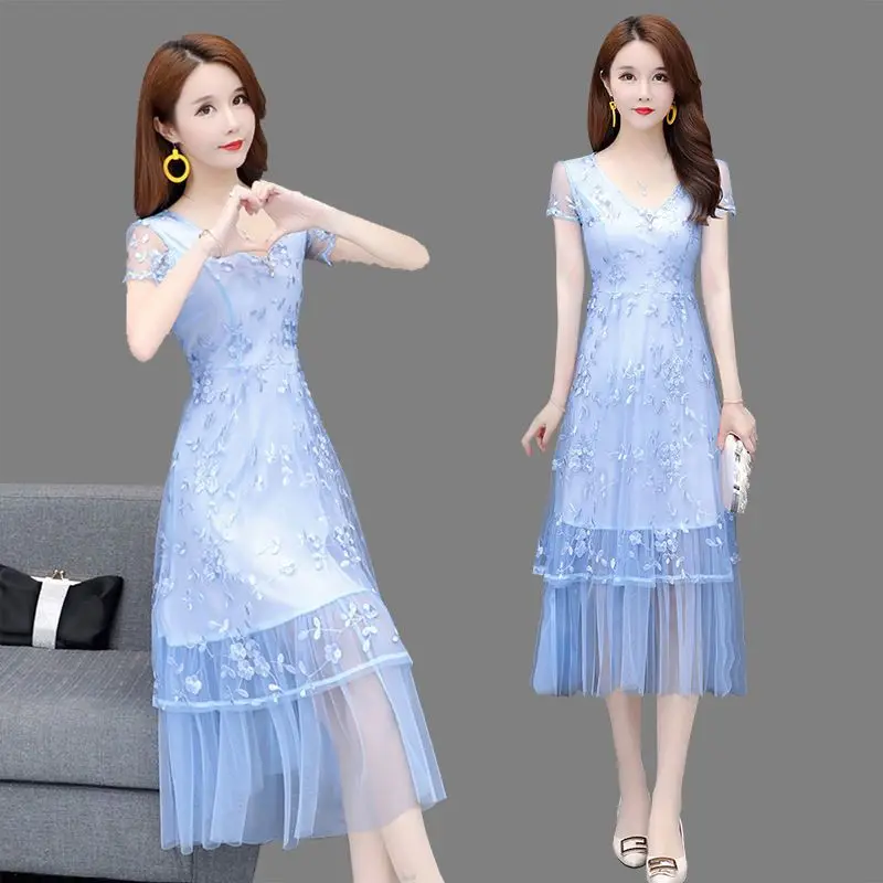 

Casual Temperament Mesh Embroidered Dress Female 2023 New Short Sleeve Dress Small Summer Long Dress V Neck Dress Female Tops