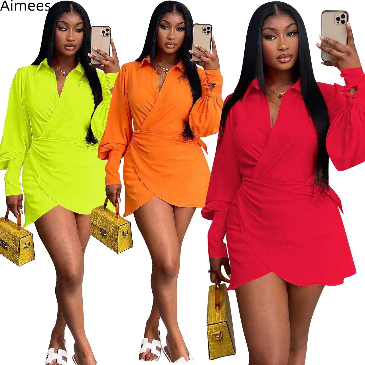 

Женское асимметричное платье-рубашка, однотонное Повседневное платье с длинными рукавами и отложным воротником, на шнуровке, осень