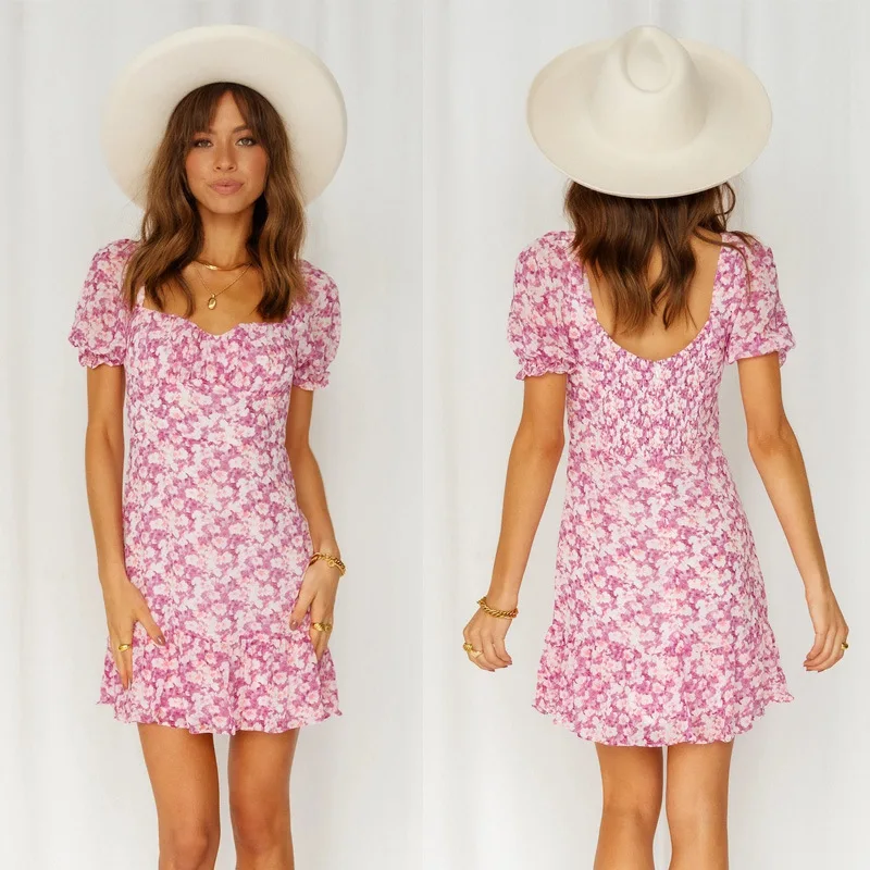 

2022Spring and Summer New Printed Pullover Short Sleeve Square CollarALine Skirt Printed Dress