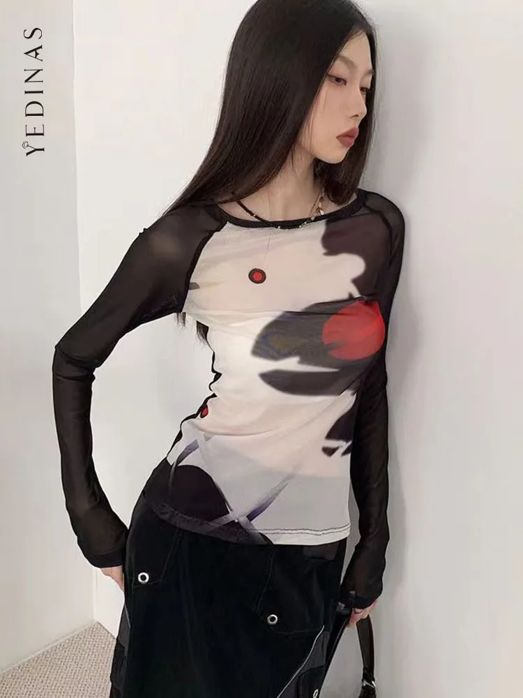 

Patchwork See Through Mesh Tops Spring Summer T Shirt Women Long Sleeve Y2k Streetwear Design Tee Shirt Femme Chic 2023