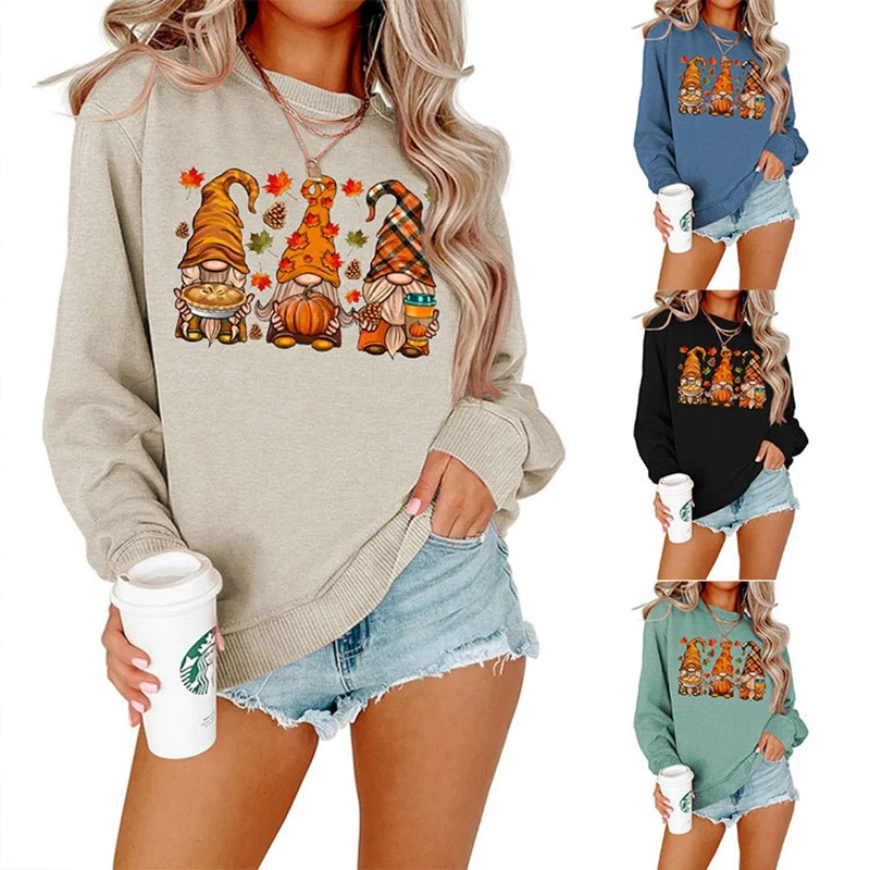 New autumn and winter women's trend pumpkin dwarf print retro round neck large size casual long-sleeved sweater