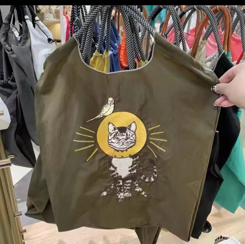 Cute Cat Embroidery Women Shoulder Bag Designer Brands Eco Bags for Women Handbags Rope Handle Drawstring Bag Large Shopper Tote