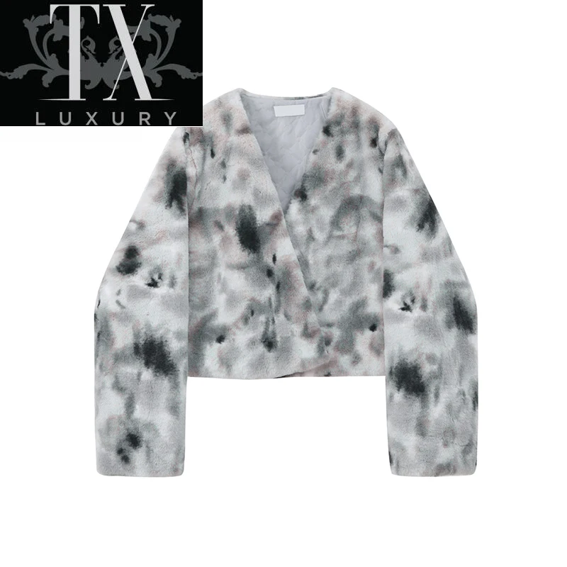 

Vintage Short Coat Women Korean Style Long Sleeve Cardigan Harajuku Tie Dye Print Jacket Winter Crop Fur Outwear Female