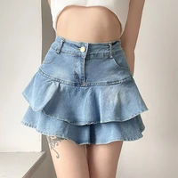 2021 spring and summer new korean layered cake short skirt female hot girl sexy high waist slimming ruffled blue denim skirt