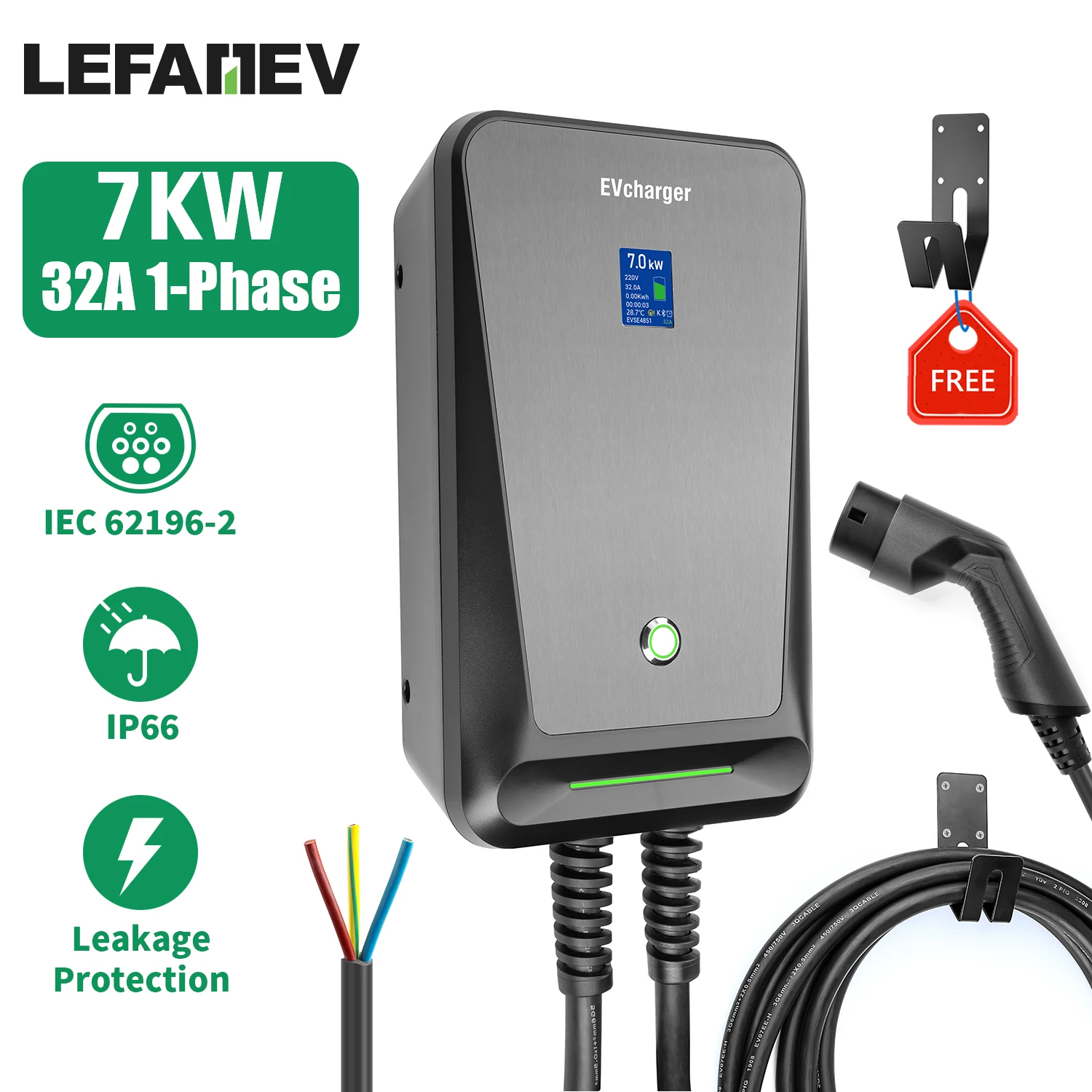 EV Charger Type 2 32A 1 Phase EVSE Wallbox Electric Car Charging Station with 6.1M Cable 7KW IEC 62196-2 for Tesla for Nissan