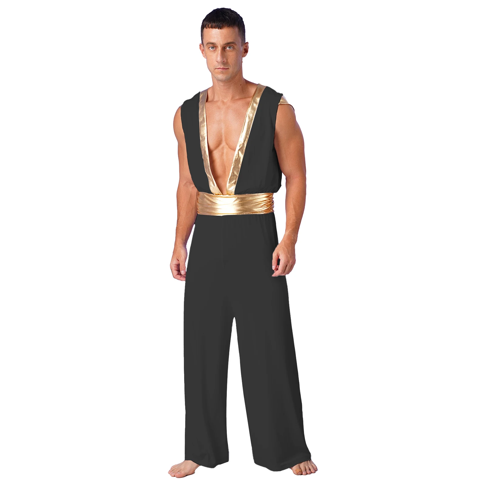 

Halloween Mens Arabian Cosplay Costumes Jumpsuit Fashion Metallic Splice Ruched Deep V Neck Sleeveless Loose Bodysuits Clubwear