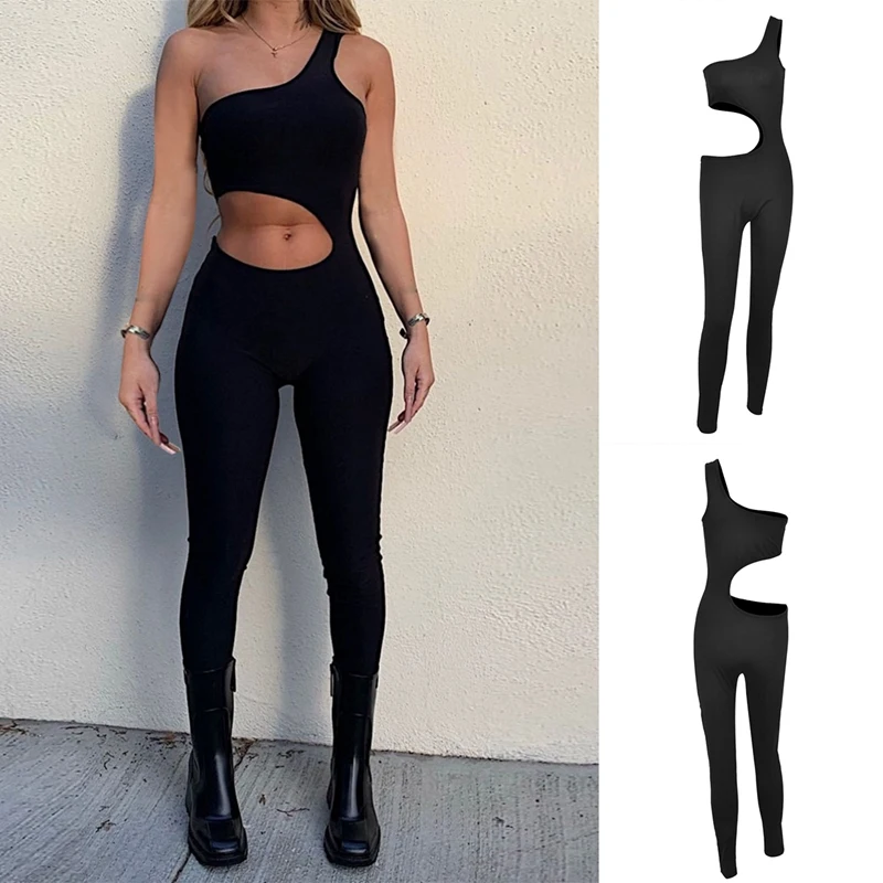 

NEW-Black Hollow Out Jumpsuit Women Summer Sleeveless Bodycon Rompers Jumpsuits Female Streetwear Sport Fitness Overalls