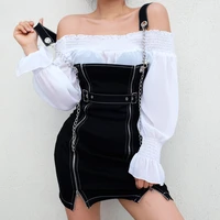 2022 black chain zipper split straight strappy mini dress women buckle belt punk style casual dresses fashion summer goth dress