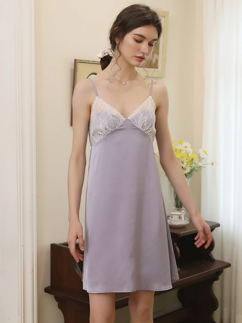 

Женская французская элегантная Винтажная летняя шелковая ночная рубашка, пижама с открытой спиной, кружевное шелковое платье на бретелька...