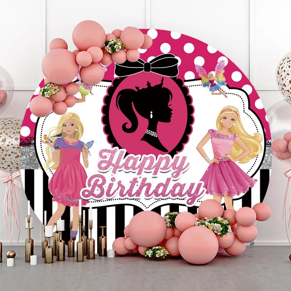 

Pink Shining Girl Elastic Circle Photo Background Cover Children Birthday Party Decoration Round Photography Backdrop Studio