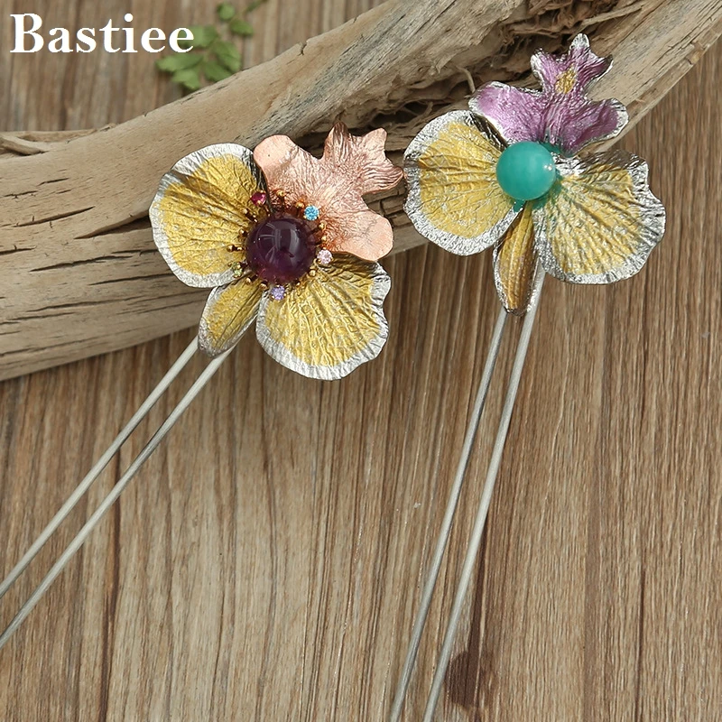 

Bastiee Vintage 925 Silver Hair Pin Antique Amethyst Amazonite Butterfly Shaped Hairpin Hanfu Headwear Brooch Pendant Versatile