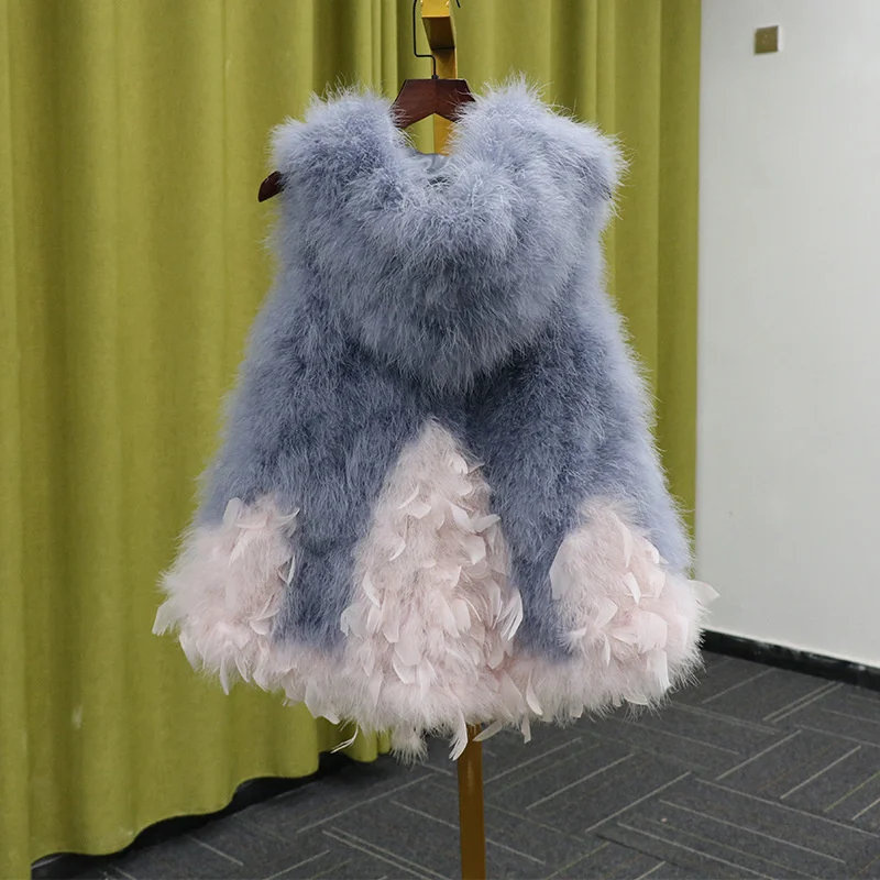 ostrich Autumn winter hair Korean midi fur vests women turkey feather hooded sleeveless fur coat waistcoat female outwear Y3240