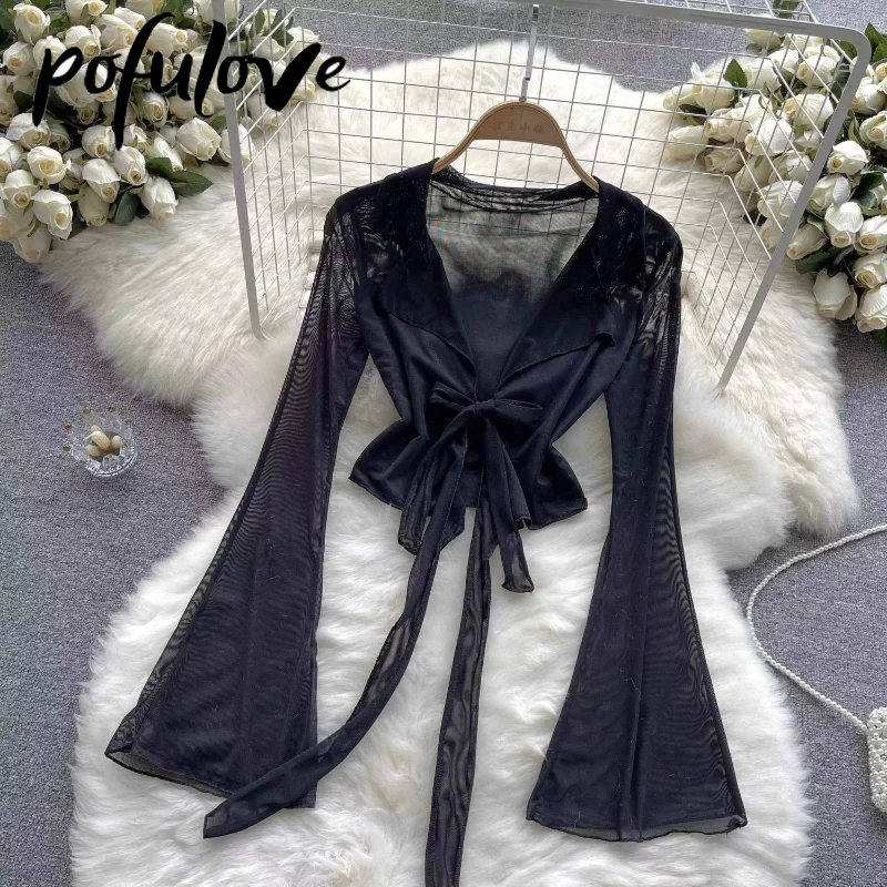 

Slim Top for Women Mesh Long Sleeve Bandage Top Flare Sleeve Strap Short Summer Top Korean Sexy Dance Blouse Dropshipping