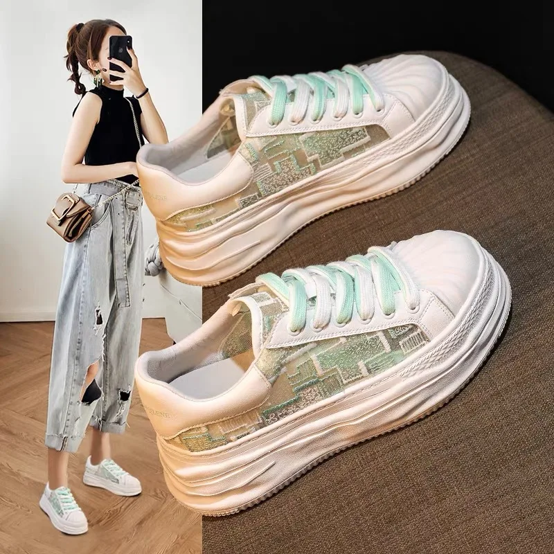 

Sneakers shoes women's 2022 summer new shoes female students mesh breathable thick-soled shoes striped plaid sports shoes