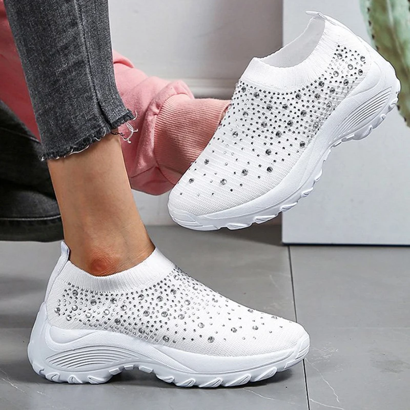 

Crystal Platform Sneakers Women 2022 Autumn Slip on Breathable Mesh Casual Shoes Woman Plus Size 43 Wedge Shoes White Sneaker