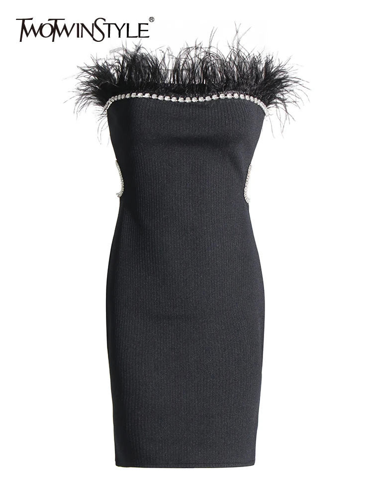 

Женское платье без бретелек TWOTWINSTYLE, элегантное платье с перьями и высокой талией, без рукавов