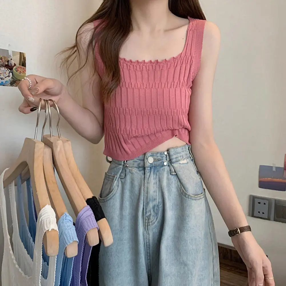 

Soft Fabric Stylish Casual Slim Elastic Basic Knitted Short Vest Exposed Navel Knitted Vest Square Collar Streetwear