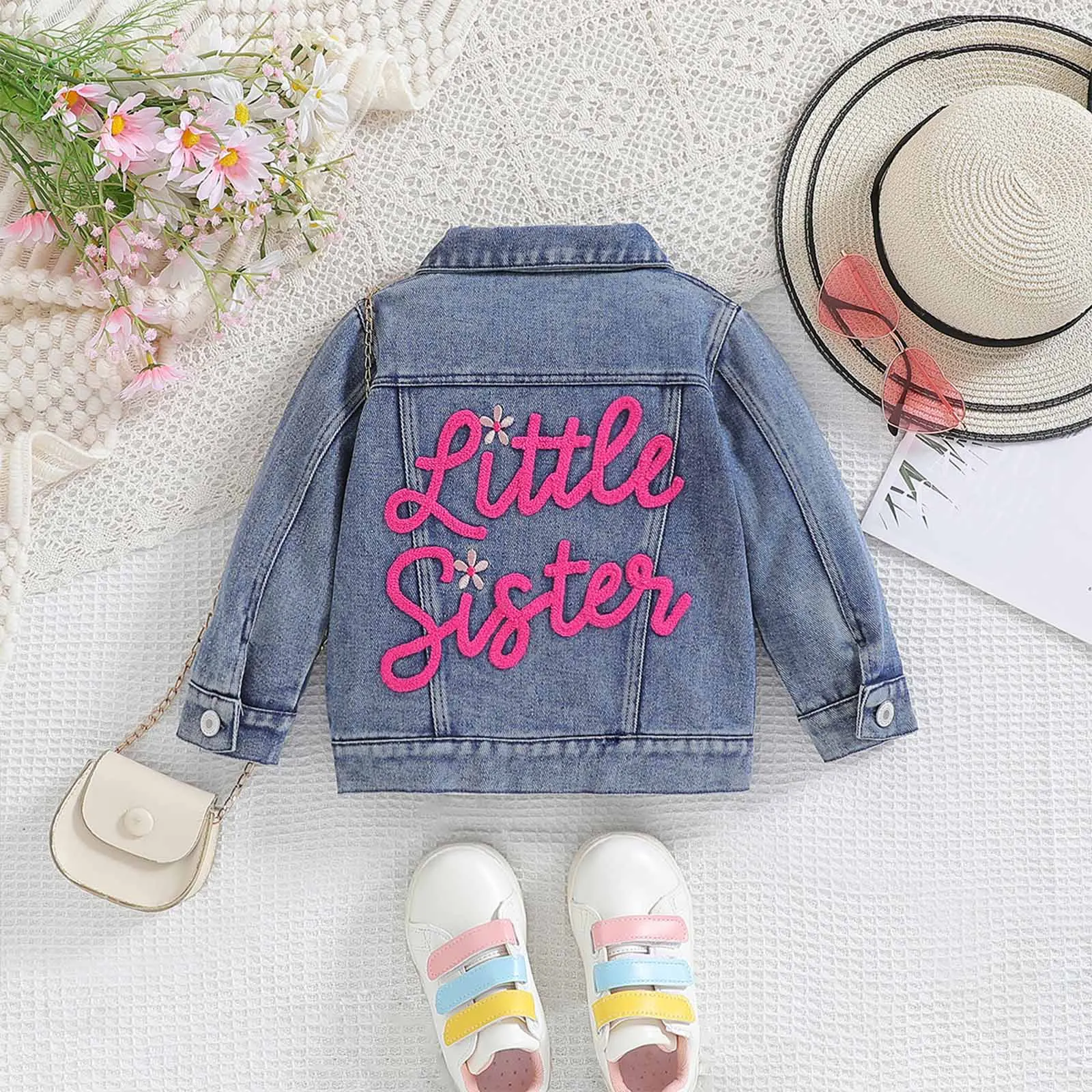 Toddler Baby Kid Girls Denim Jacket Big Lil Sister/Brother Letter Embroidery Jean Jackets Long Sleeve Button Birthday Gift Coats