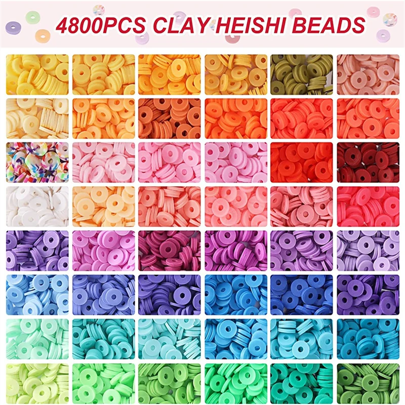 9700pcs Polymer Clay Beads Set 48 Rainbow Color Flat Chip Beads For Boho Bracelet Necklce Making Gold Beads Accessories Kit DIY