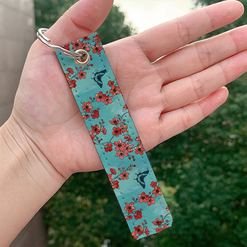 

butterflies in turquoise leather motorcycle Key chain Strap Keyrings Hanging Holder Bag Wallet Trinket Keychain Hanging Bag