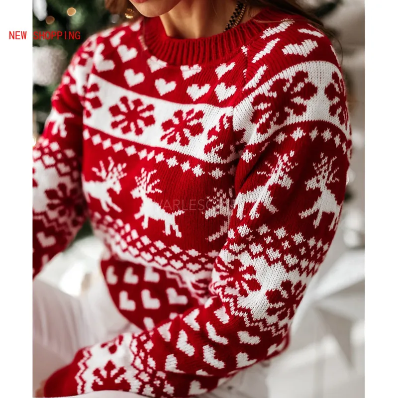 

Women Christmas Knit Sweater 2020 Winter new Female Long Sleeve Pullover Knitted Party Clothes Femme Pullover Red Sweaters White