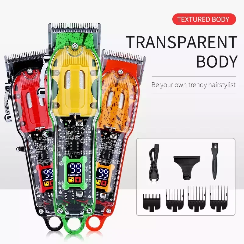 

NEW2023 style transparent green color professional rechargeable clipper cord & wireless hair trimmer with fade blade