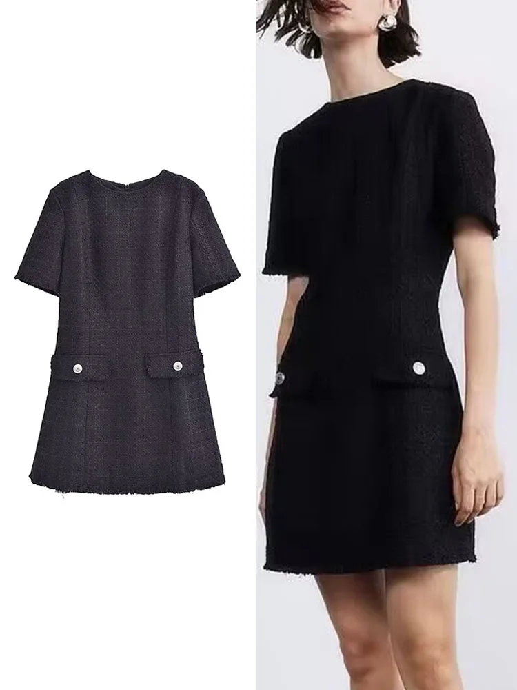 

TRAF Office Ladies Solid Mini Dress 2023 Fashion Women Short Sleeve Back Zipper Dress Vintage OL Tassel Party Dress 2 Colors