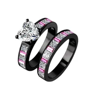 2pcsset black ring set for women and man love heart crystal inlaid couple wedding engagement ring set trendy jewelry gift