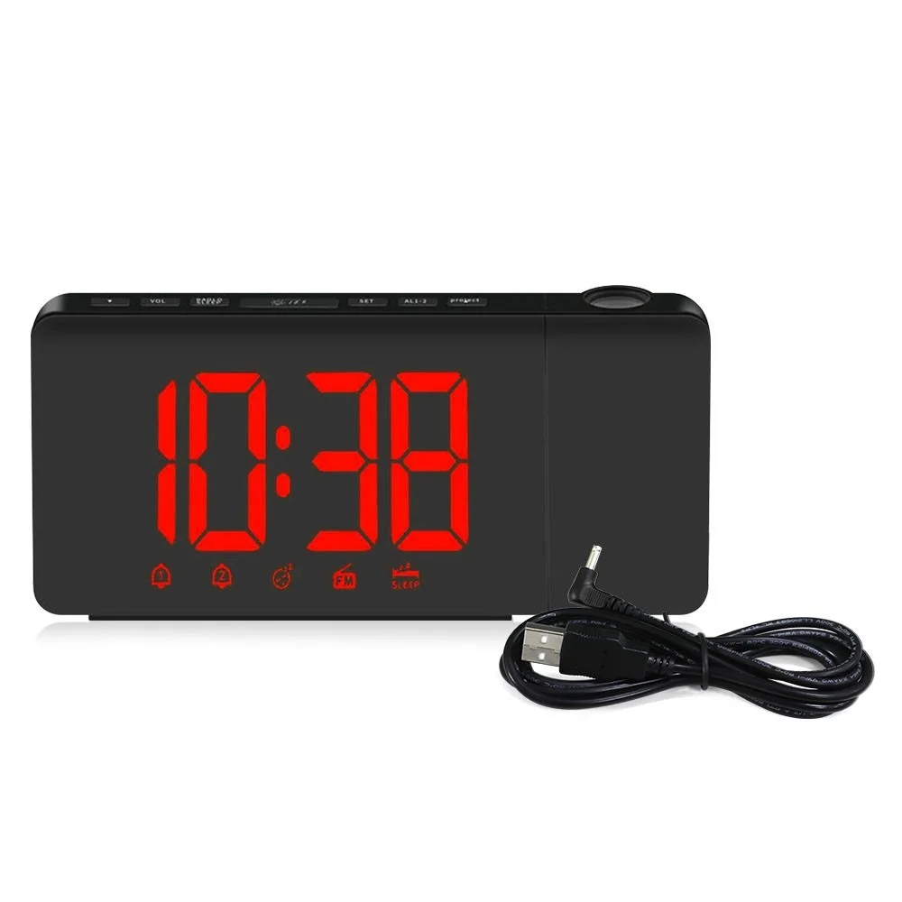 

USB Operated LED Projection Alarm Clock Dimmable FM Radio Desktop Clock with Rotatable Projector Dual Alarms Snooze Function