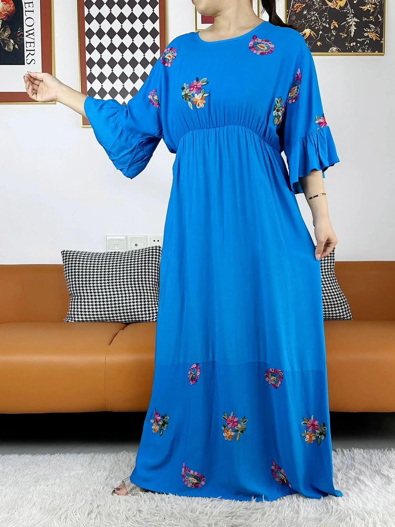 2023 New Muslim Women Long Sleeve Dashiki Dress Solid Embroider Floral Boubou Maxi Islam Women Dress African Abaya Clothes