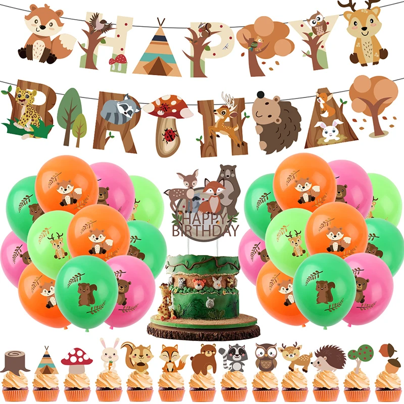 

1set Forest Animals Theme Party Decoration Happy Birthday Banner Cake Topper Balloons Baby Shower Supplies Jungle Safari Decor