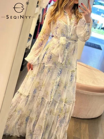 Женское длинное шифоновое платье SEQINYY, элегантное модельное Повседневное платье с винтажным синим цветочным принтом для отдыха, новинка весны-лета