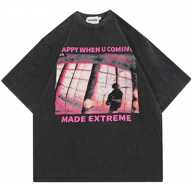 

Футболка мужская оверсайз с эффектом потертости, винтажная тенниска в стиле хип-хоп с графическим принтом, Повседневная Уличная одежда в стиле Харадзюку, хлопковая майка черного цвета, лето 2023