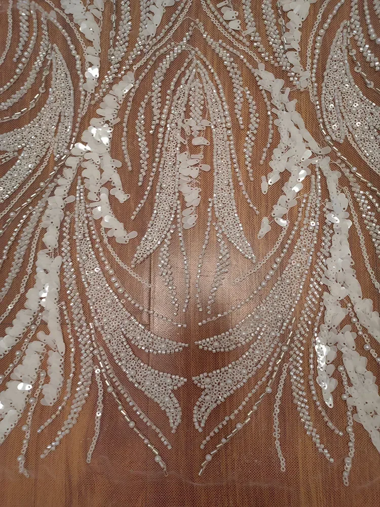 Ткань с бисером Дубай европейский стиль Новинка! Молочно-белые бусины и блестки
