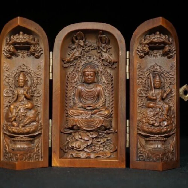 

Retro Japanese Netsuke Old Boxwood Carved Three-Open Niche for Buddha Statue