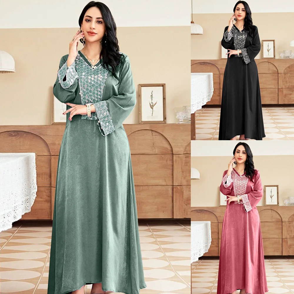 

Dubai Abaya Sequins Muslim Maxi Dress Arab Women Kaftan Turkish Moroccan Robe Middle East Islamic Vestidos Turkey Casual Gown