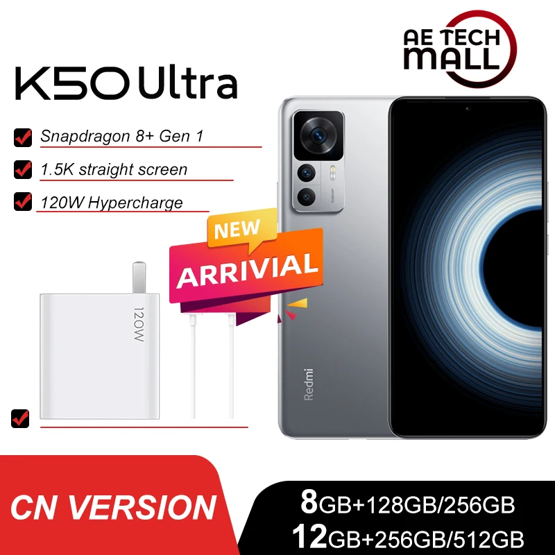  Original Xiaomi Redmi K50 Ultra 5G Smartphone 1.5k Direct Screen Snapdragon 8+ Gen 1 ,120W HyperCharge108MP OIS 5000mAh Battery 