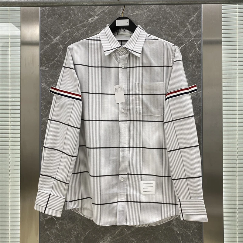 TB Flannel Plaid Shirts Fashion Male New High Quality Streetwear Casual High Quality Male Retro Long Sleeve Blouses Oxford Cloth