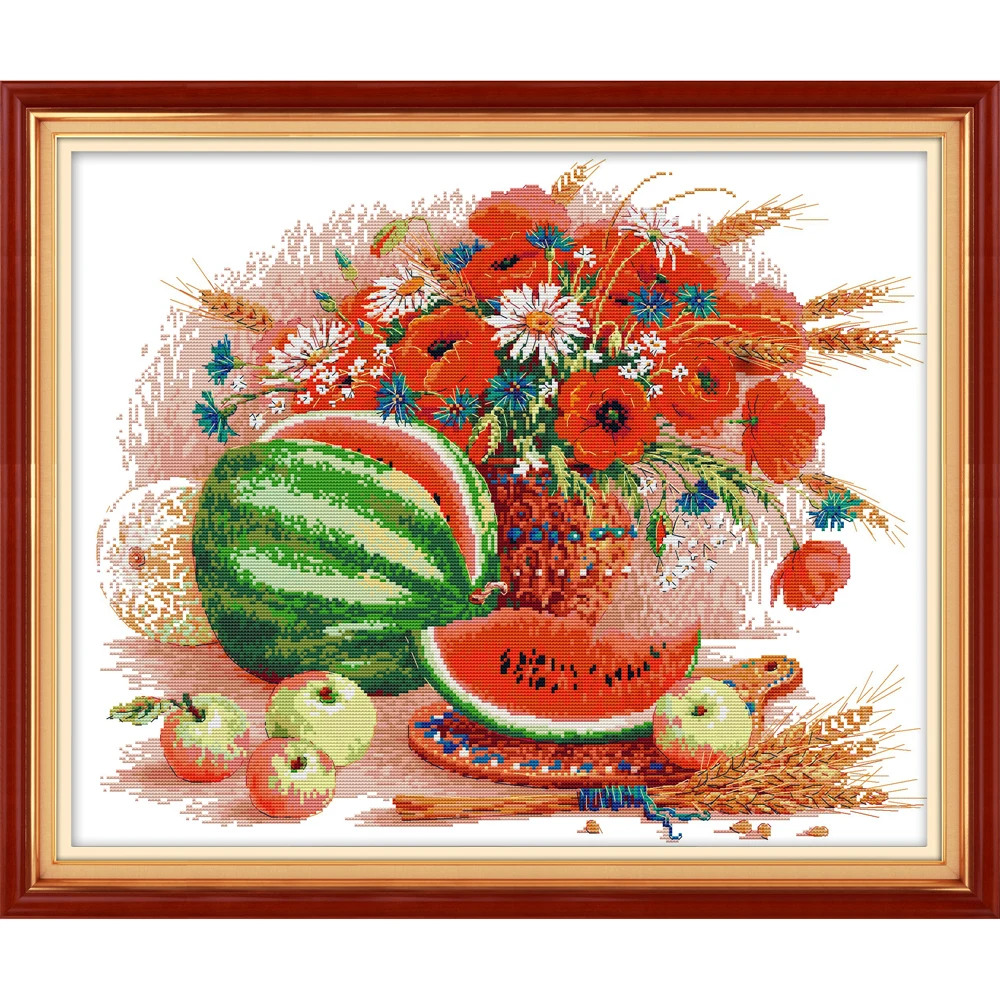 

Everlasting Love Watermelon and Vase Cross Stitch Kits Ecological Cotton 11CT 14CT Printed Easy for Beginners Home Decoration