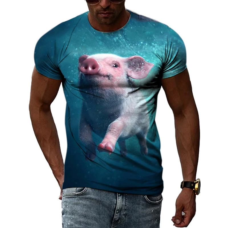 

New Men's Street Hip-Hop Pattern T-shirt Personality Casual Cute Men's Short Sleeved Tops Animal Pig Print Round Neck Clothing