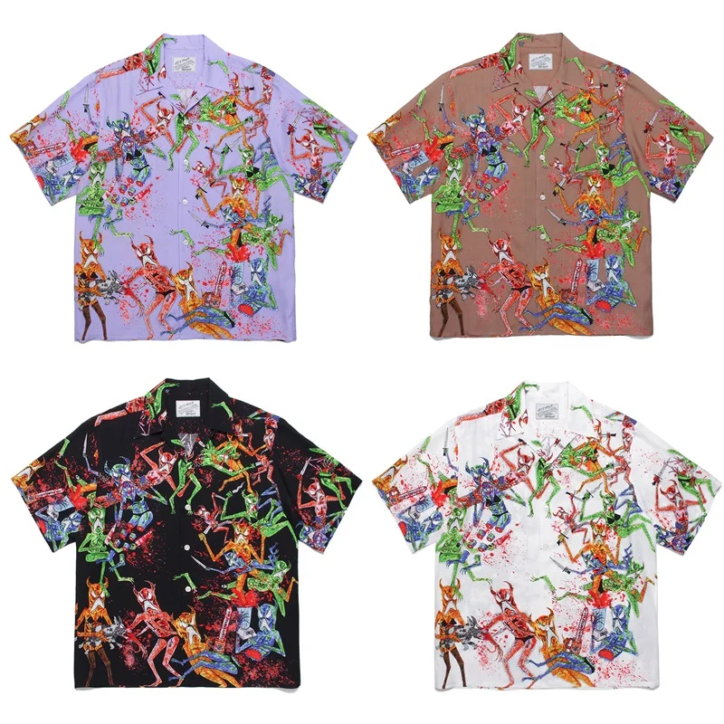 

WACKO MARIA graffiti Hawaiian short sleeved shirt for men and women loose fitting retro summer style shirt