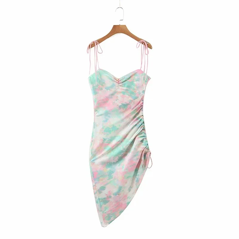 

Summer New Women Sexy Green Pink Tie-dye Lace-up Spaghetti Strap Side Drawstring Pleated Bevel Dress Female Party Night Club