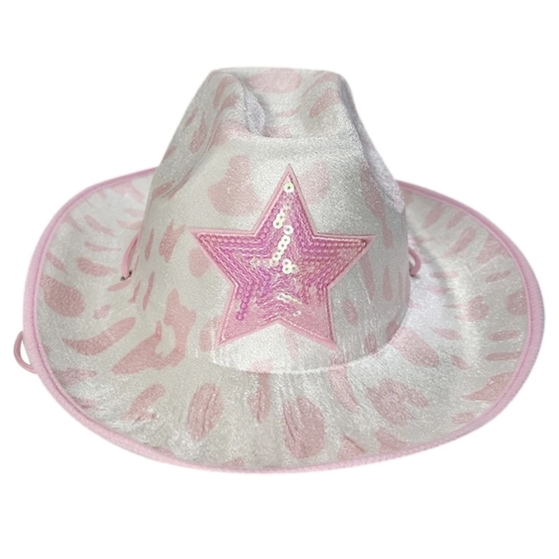 Pink Cowgirl Hats Glitter Sequins Star Decorations Rave Cowboy Hat with Cow Print Adult Size Cowboy Hats for Party