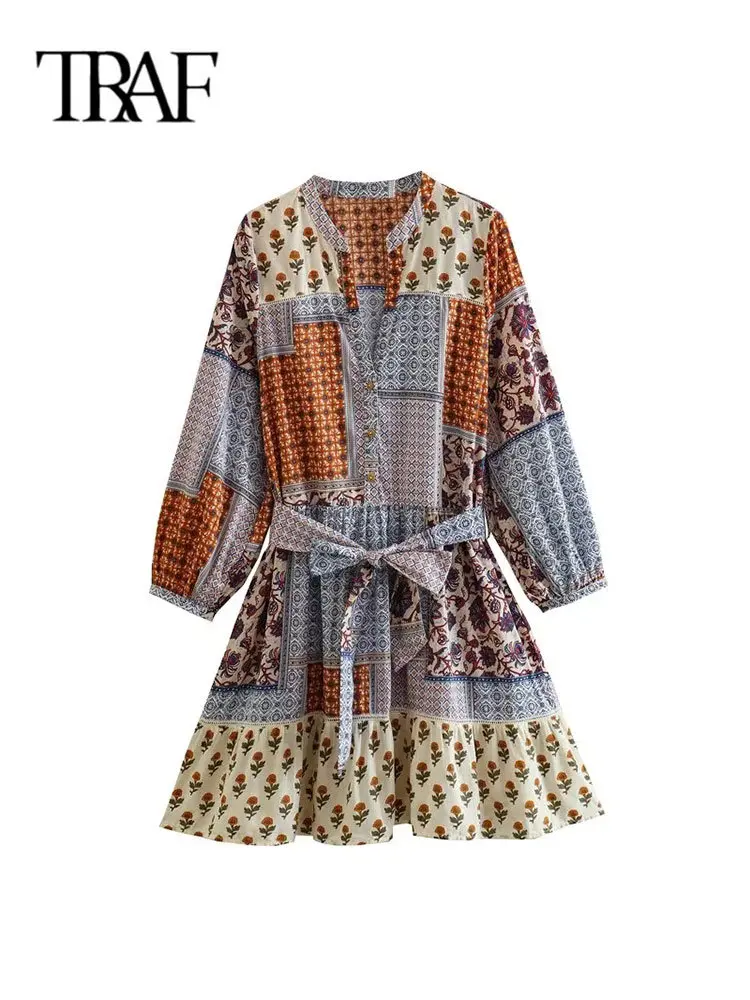 

TRAF Платье-рубашка TRAF женское с поясом, винтажное шикарное мини-платье с принтом, весна 2023