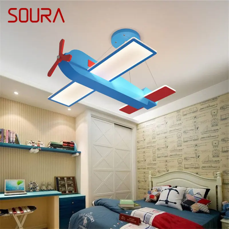 

SOURA Children's Airplane Pendant Lamp LED Creative Blue Cartoon For Kids Room Kindergarten Light Bimmable With Remote Control