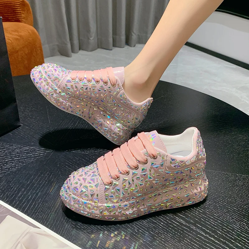 Women Rhinestone Sneakers Fashion Thick Soled Anti-skid Casual High Pink Silver Shoes Spring New Crystal Tennis Shoes Size 35-40