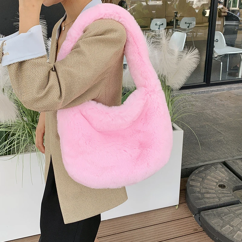 

Winter High Quality Plush Women's Bag Youth Fashion Versatile Casual Shoulder Bag Solid Color Large Capacity Trendy Handbag
