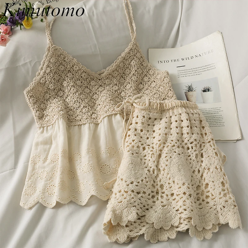 

Винтажный Модный комплект из двух предметов Kimutomo, Женский контрастный однотонный топ на бретельках с завышенной талией и шорты на шнуровке