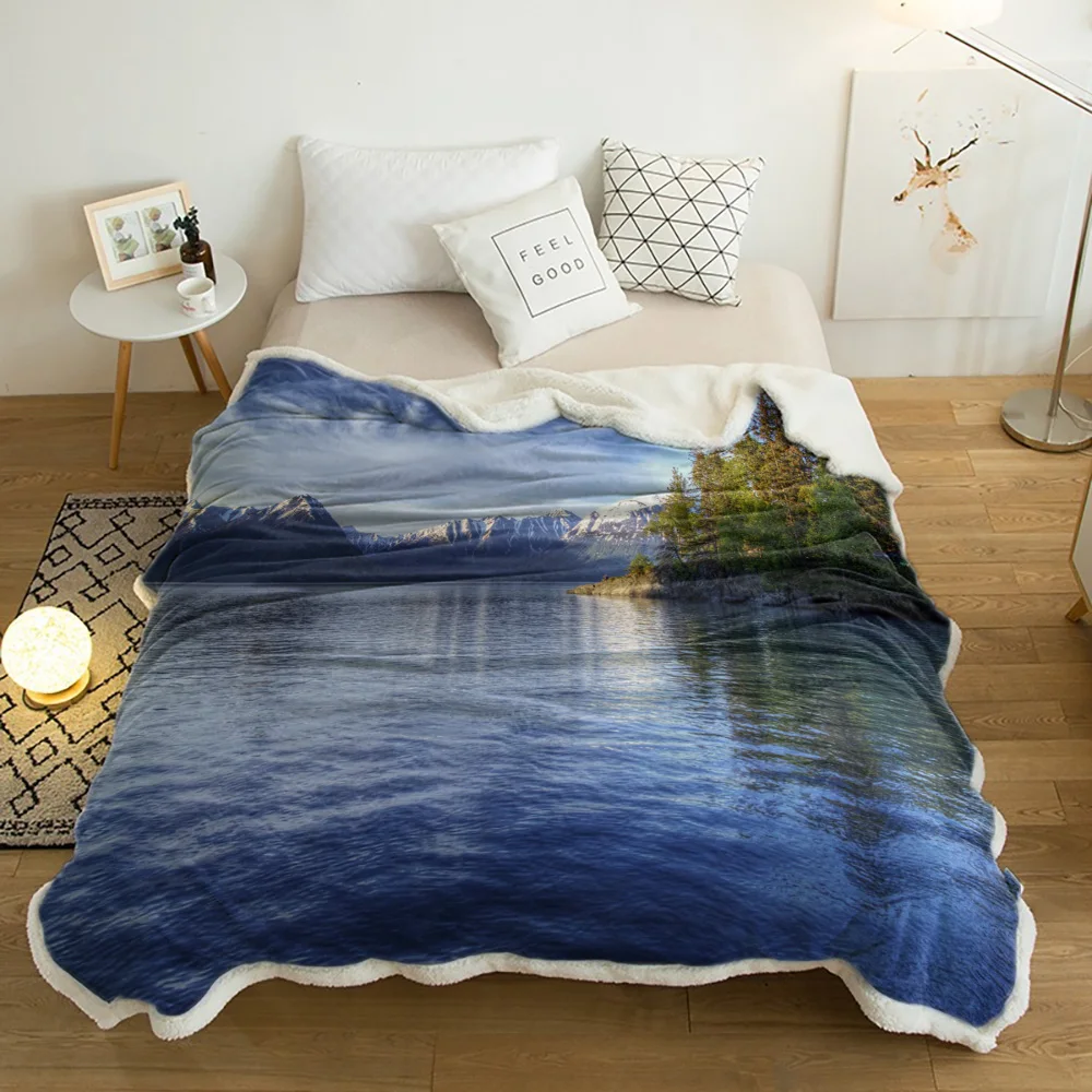 

Lake Nature Trees Mountains Sky Clouds Blue Cashmere Blanket Thick Winter Bed Lamb Blankets Office Nap Shawl Sofa Bed Bedspread